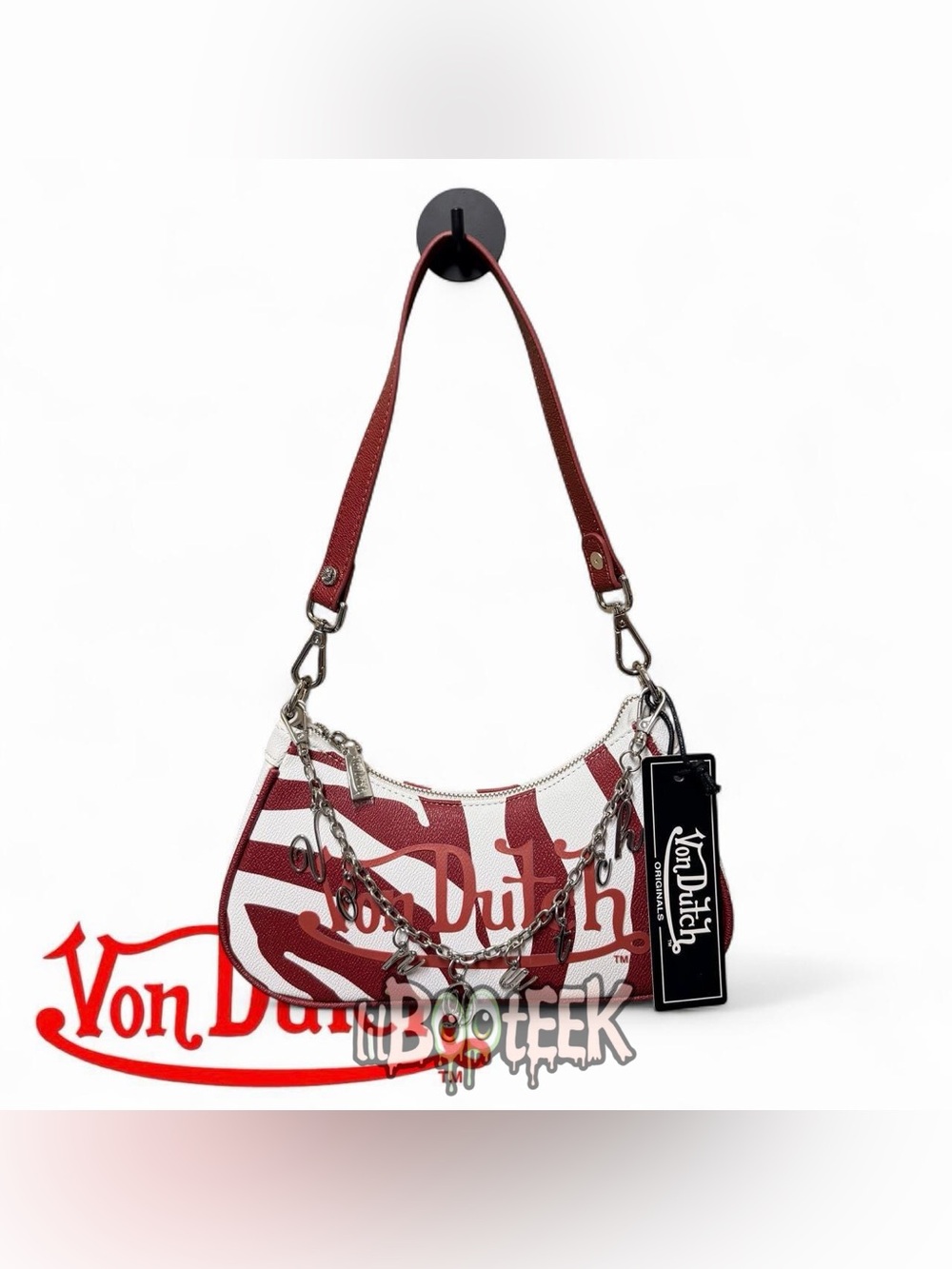 Von Dutch Dark Red White Zebra Striped Shoulder Bag w Chain Detail NEW VIRAL Y2K